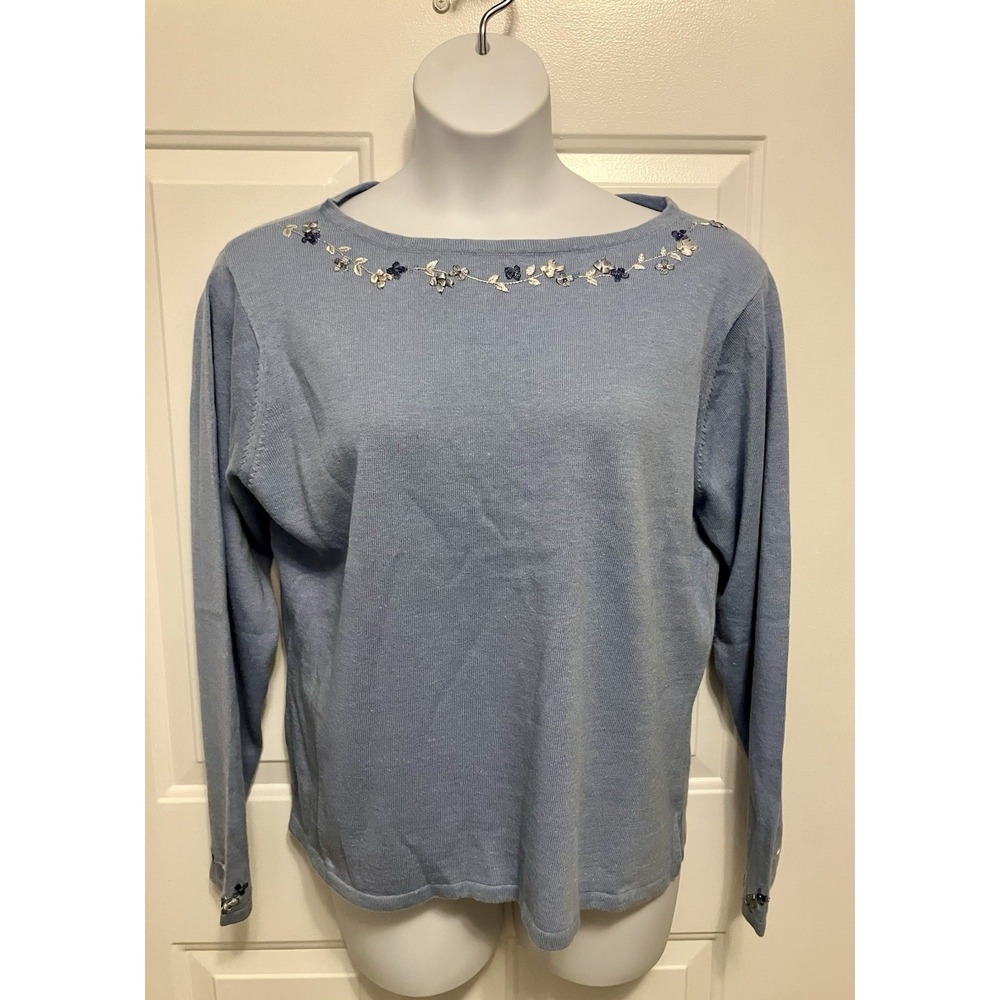 VTG Stitches In Time Sweater Sz 1X Blue Embroidered Flowers Cottage Retro Art‎
